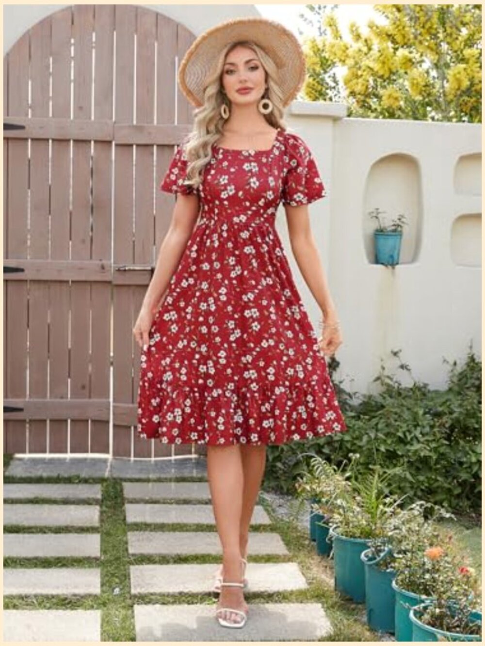 Square Neck Puff Sleeve A Line Midi Dress with Pockets - Picture 2 of 7